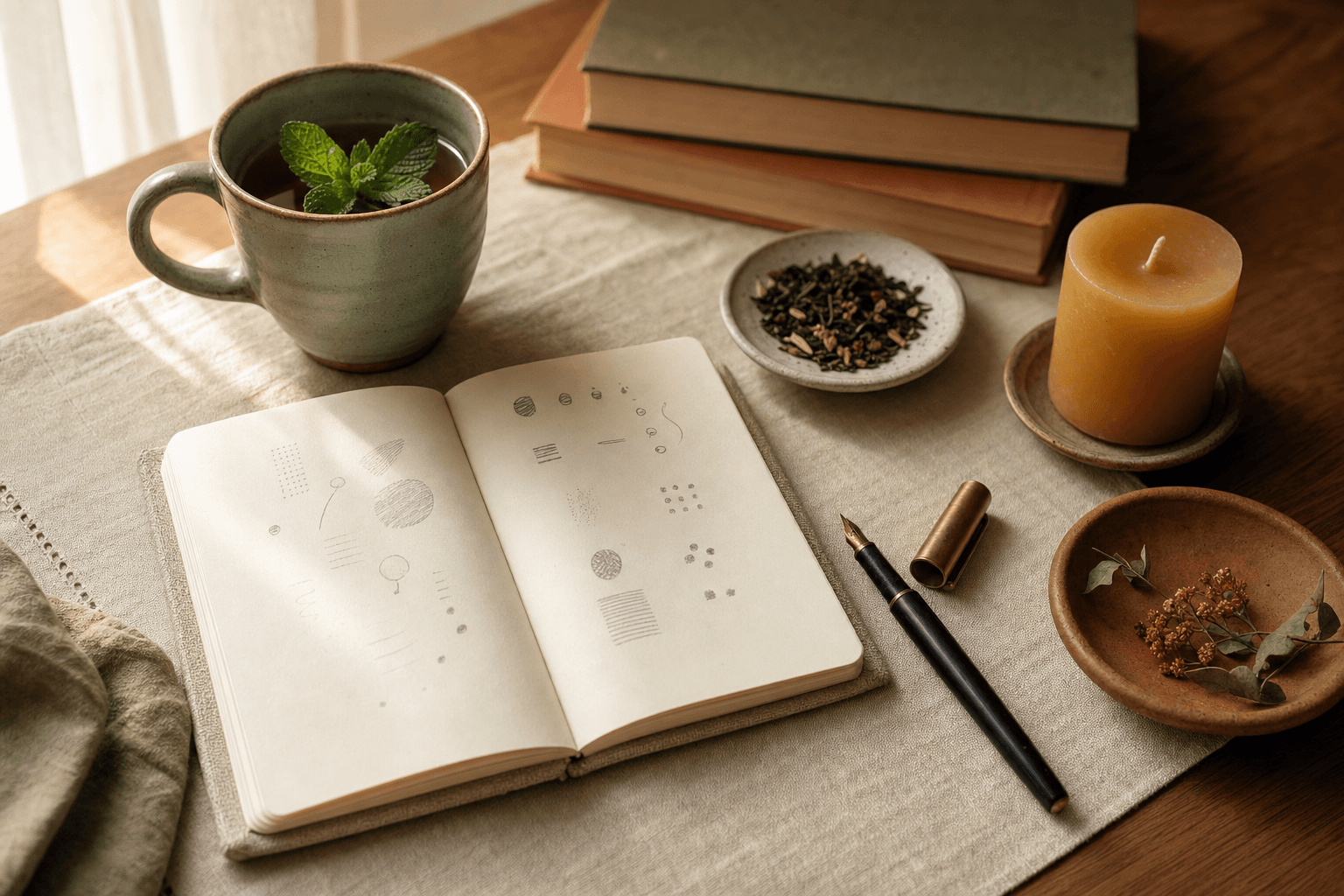 An open notebook, a fountain pen and a cup of mint tea on a sunlit desk