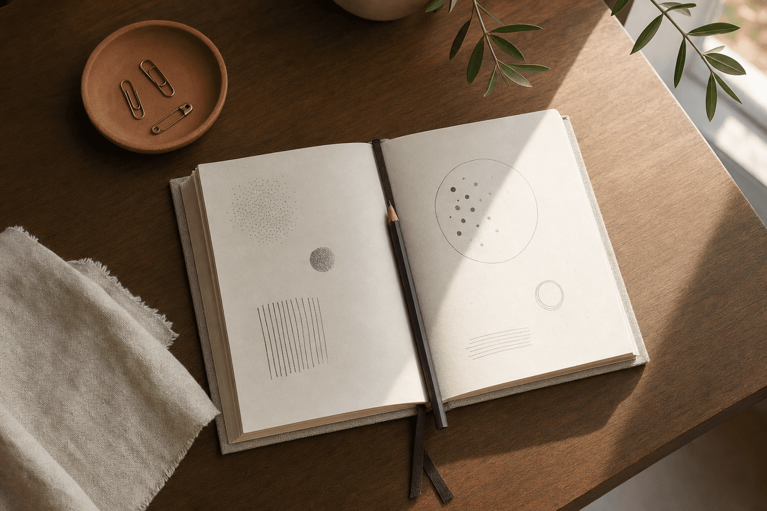 An open journal and a pencil on a walnut desk in morning light