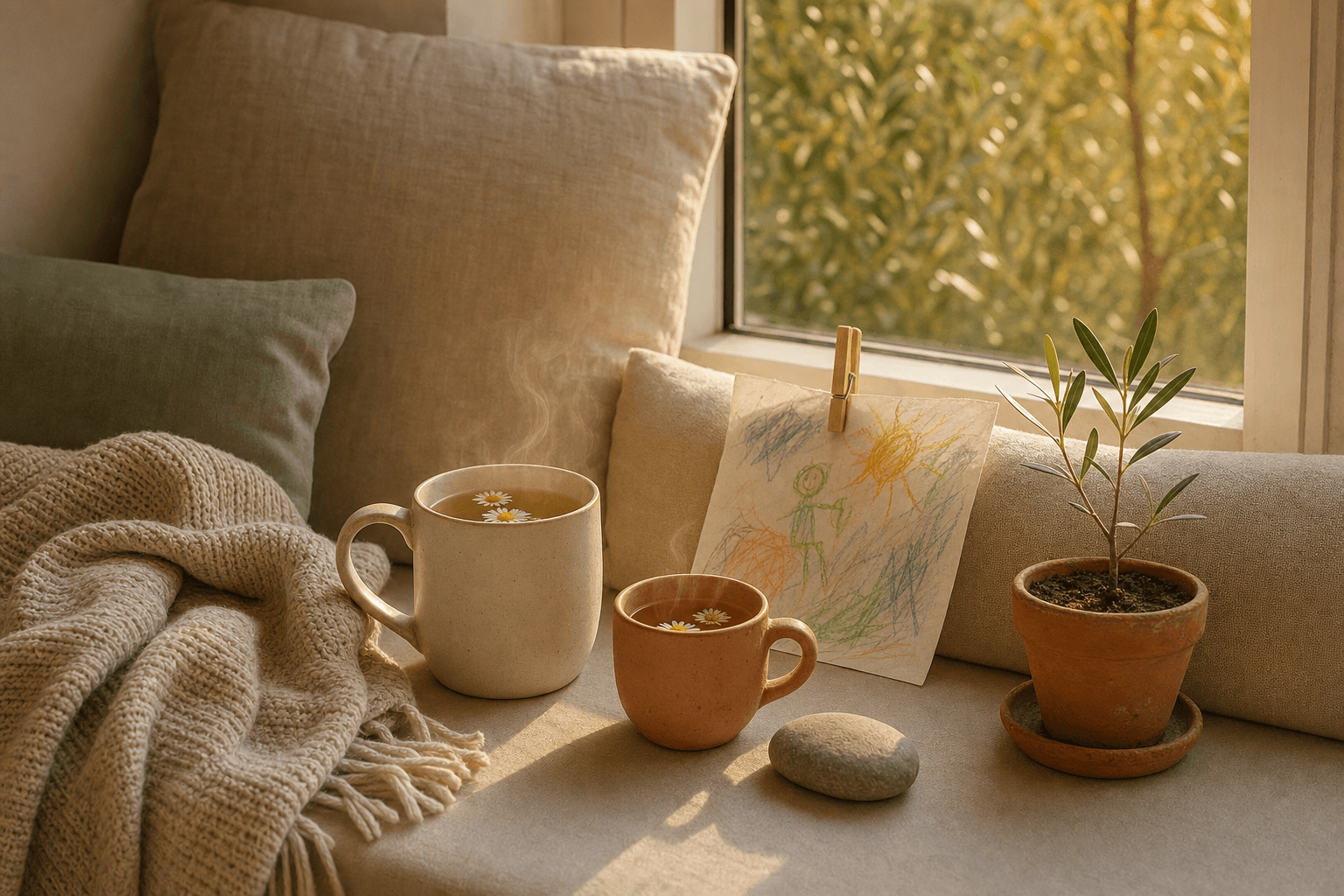 A sunny window seat with two cups of tea, a child's crayon drawing and a small olive tree